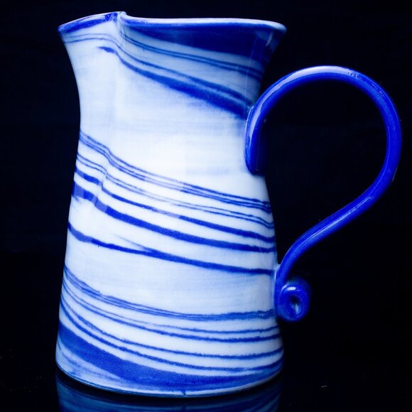 Handcrafted Blue & White Ceramic Pitcher With Swirl Design - Unique Wavy Rim - Picture 4 of 8